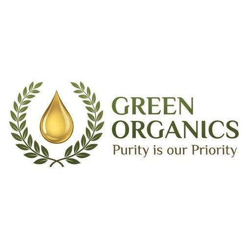 Green Organics logo featuring a gold droplet enclosed in a green laurel wreath, with the text 'GREEN ORGANICS' and the tagline 'Purity is our Priority' on a white background.